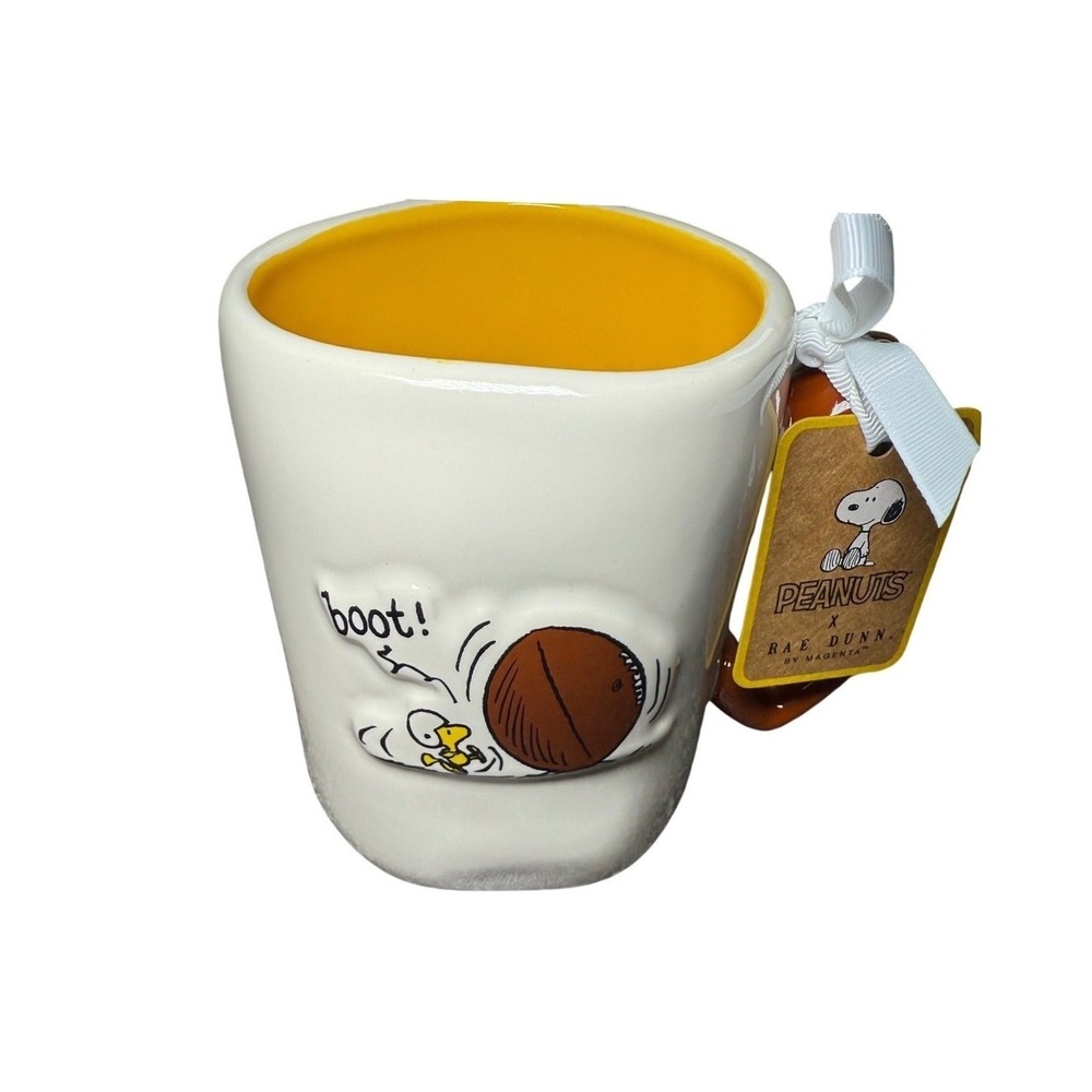 Rae Dunn Peanuts Touchdown Football Mug White Yellow NWT